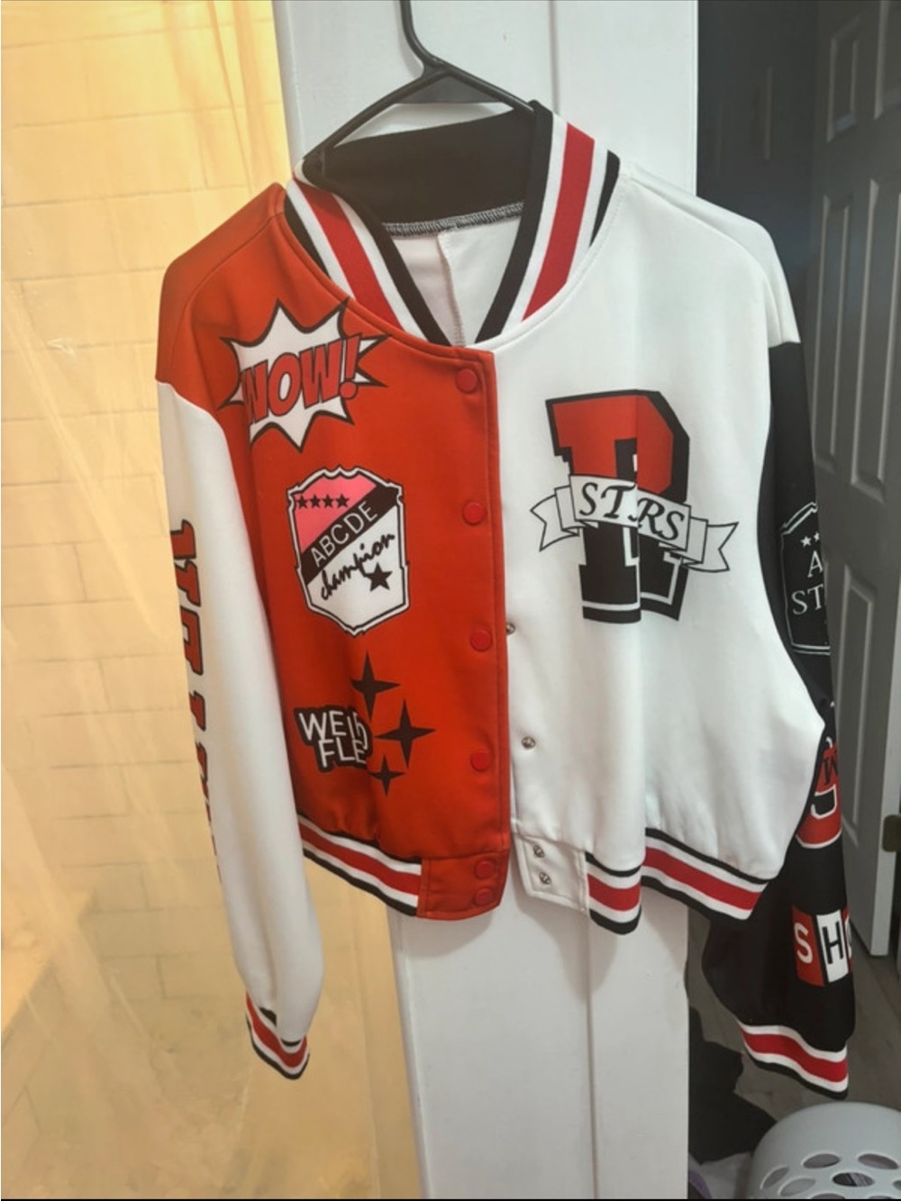 Red & White Crop Patchwork Varsity Jacket Ladies